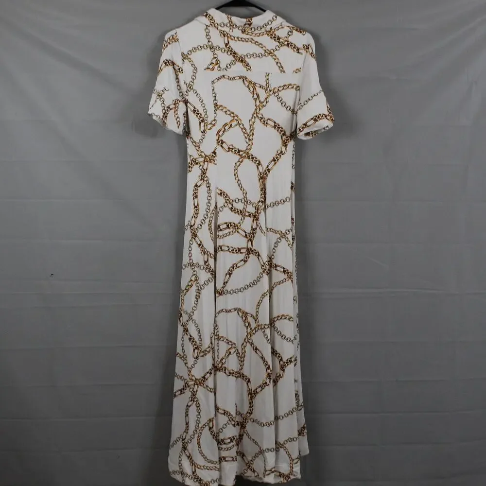 Maeve Dress XS Chain Printed Short Sleeve Maxi White Elegant Party Chic Classic - Picture 9 of 13